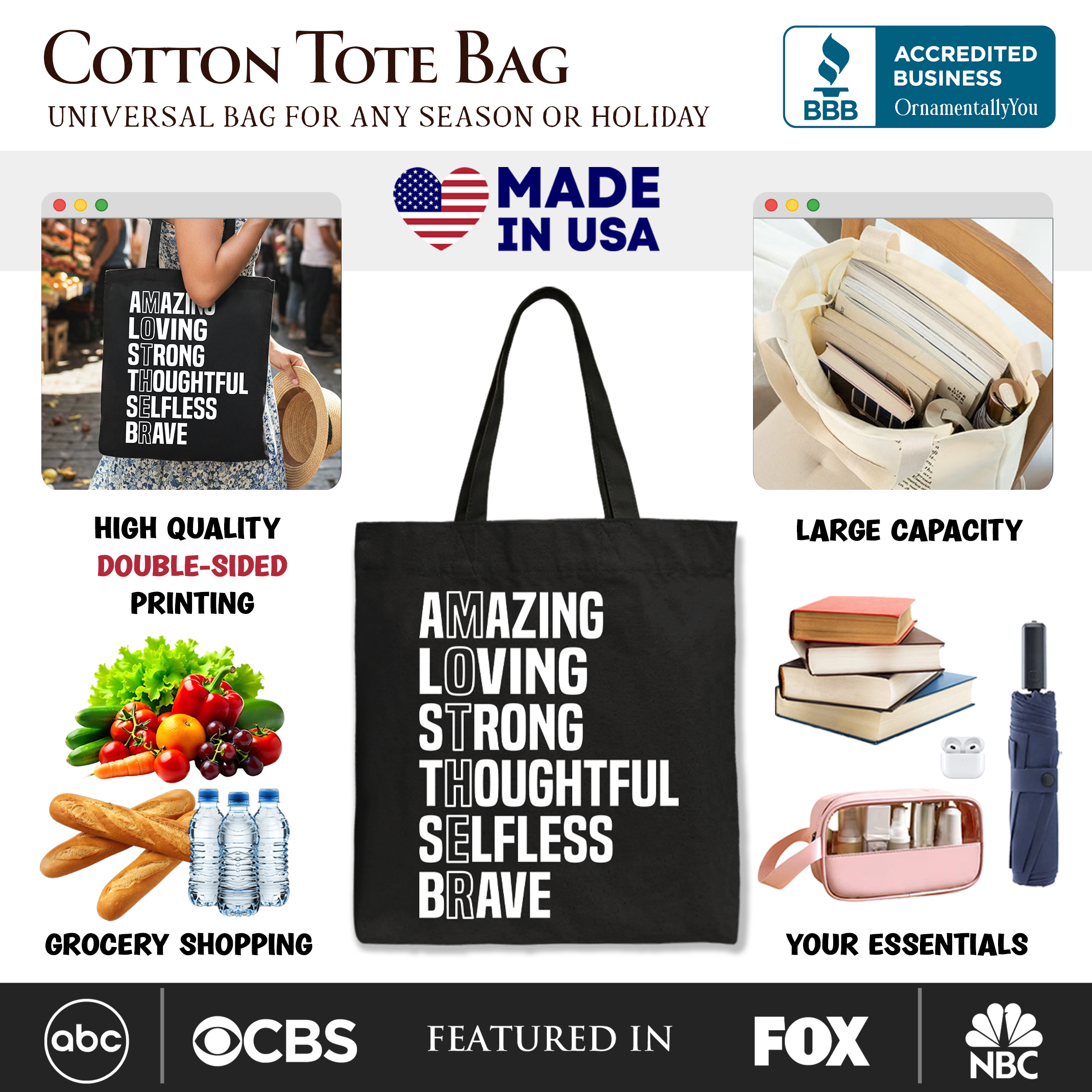 Inspirational Mom Tote Bag, Definition Gift Shopper for Brave and Thoughtful Mothers