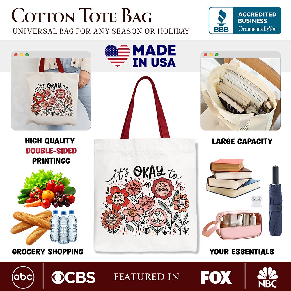 It's Okay Floral Affirmation Canvas Tote Bag, Boho Motivational Gift for Kind and Inspirational Women