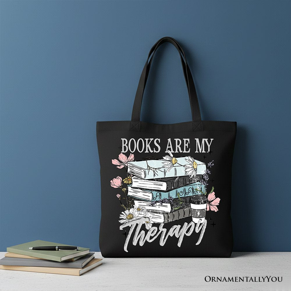 Books Are My Therapy Floral Vintage Canvas Tote Bag, Reading Aesthetic Gift Shopper for Bookworms