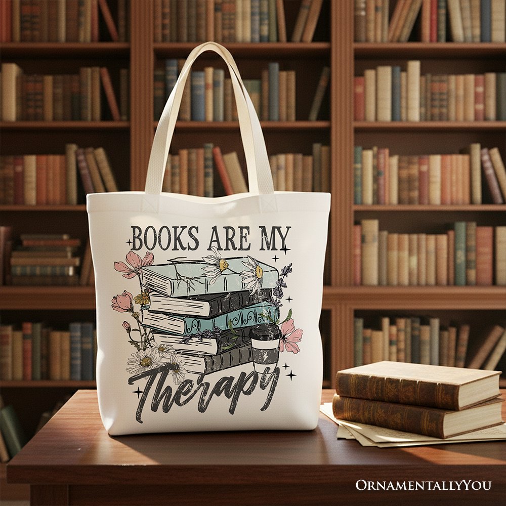 Books Are My Therapy Floral Vintage Canvas Tote Bag, Reading Aesthetic Gift Shopper for Bookworms