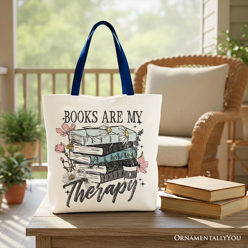 Books Are My Therapy Floral Vintage Canvas Tote Bag, Reading Aesthetic Gift Shopper for Bookworms