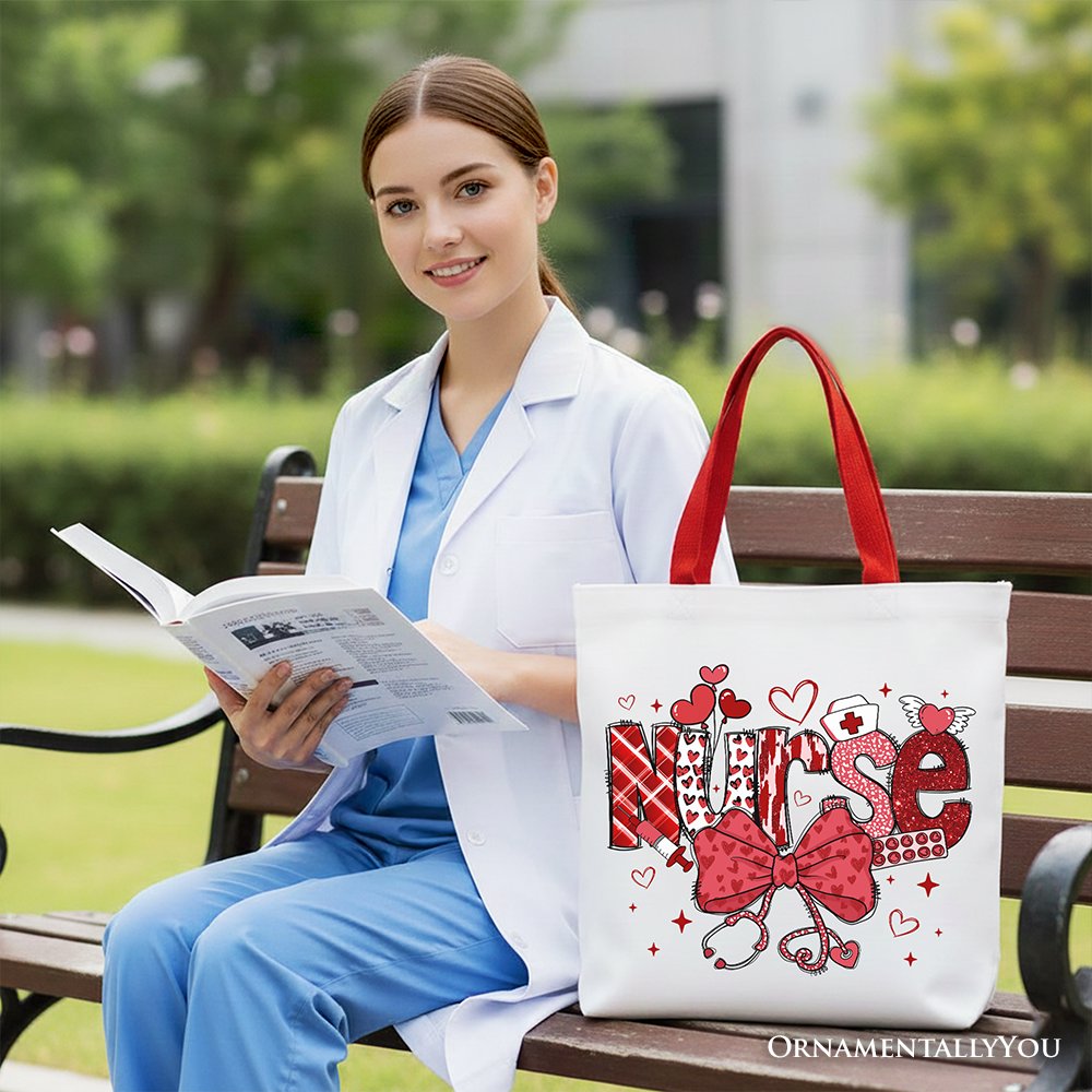 Valentine Nurse Coquette Bow Canvas Tote Bag, Cupid Favorite Nurse Work Shopper