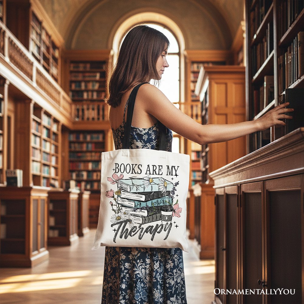 Books Are My Therapy Floral Vintage Canvas Tote Bag, Reading Aesthetic Gift Shopper for Bookworms