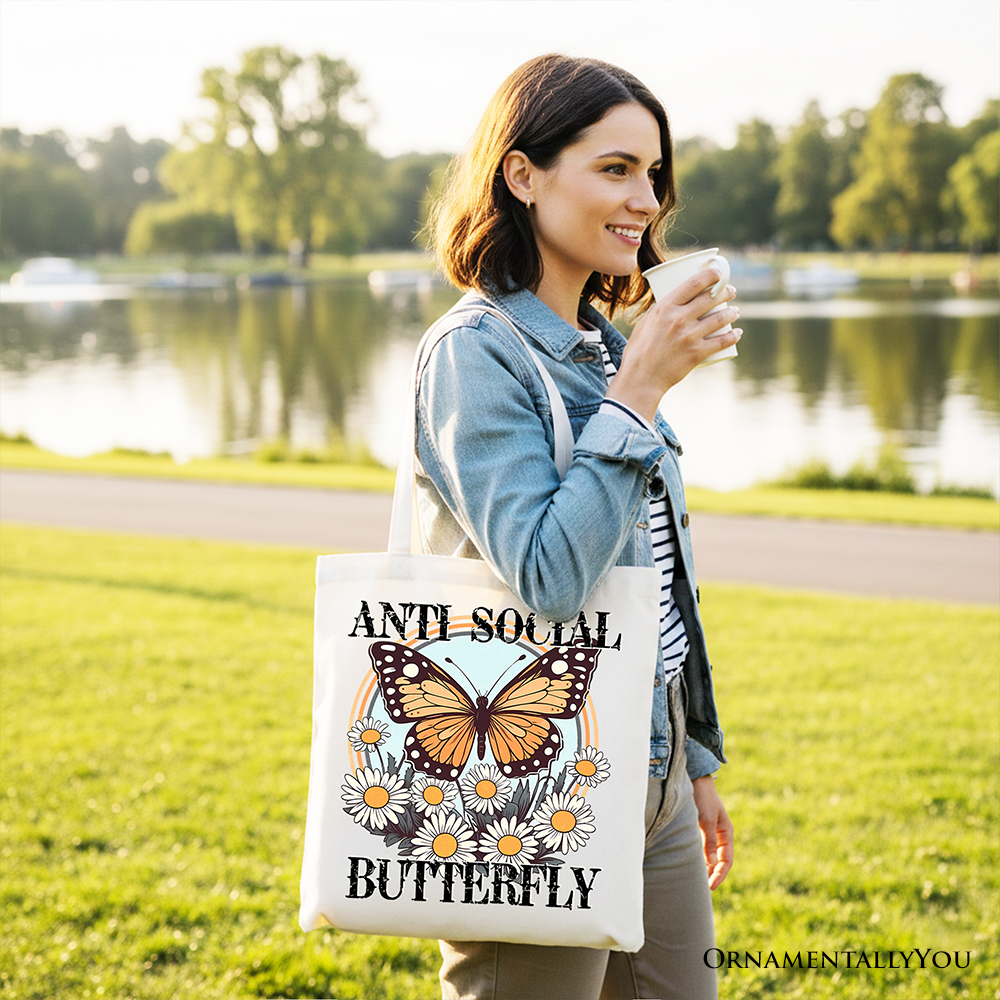 Anti Social Butterfly Canvas Tote Bag, Retro Gift Shopper for Quirky and Independent Women
