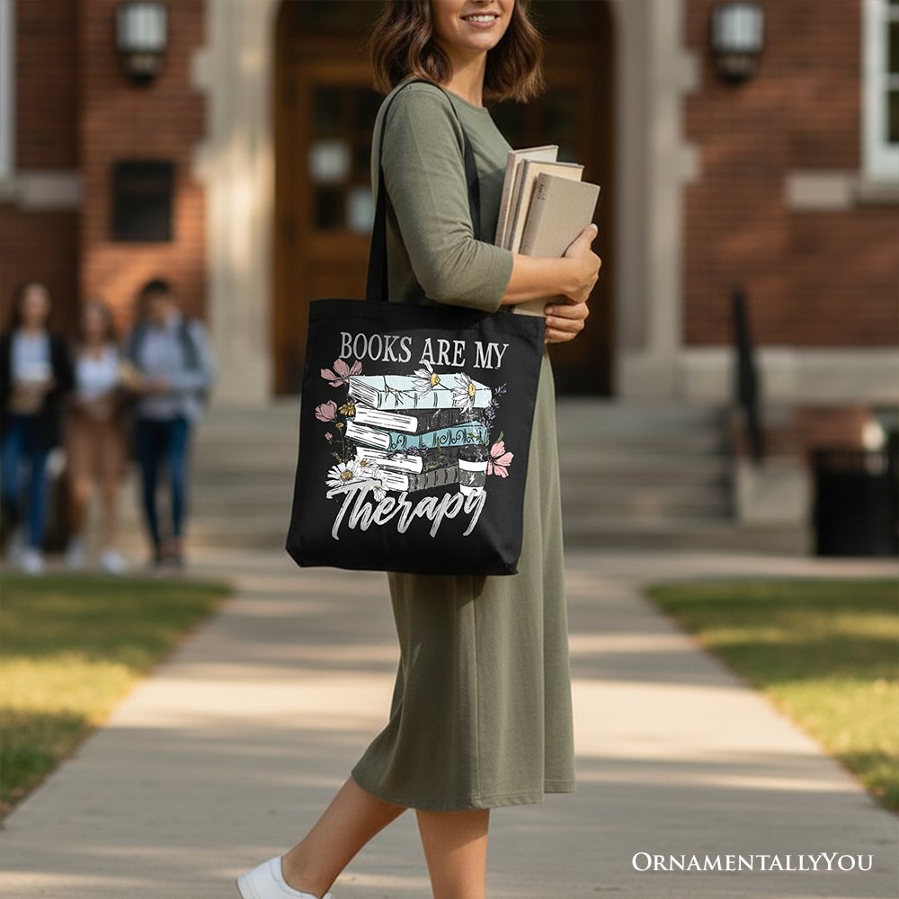 Books Are My Therapy Floral Vintage Canvas Tote Bag, Reading Aesthetic Gift Shopper for Bookworms